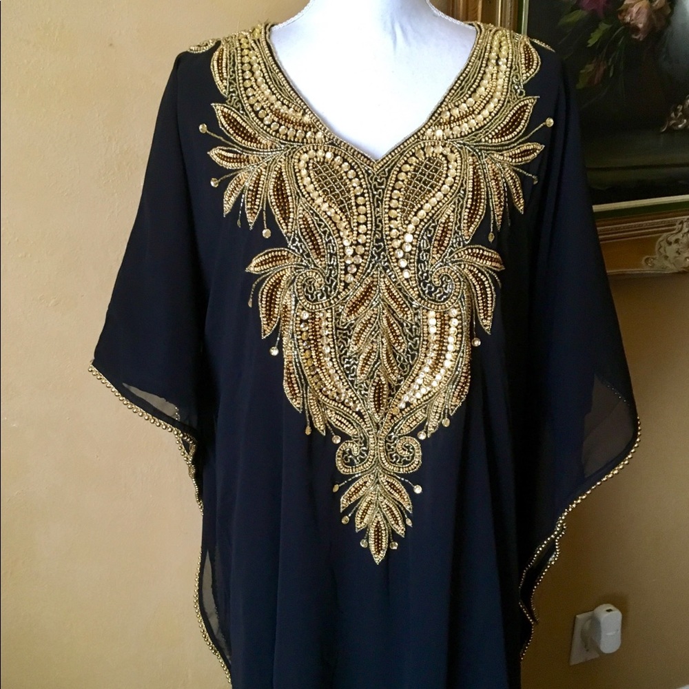 Black Gold Hand Embellished Caftan fits 4-24